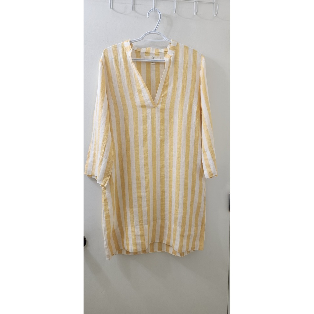 Trovata Birds of Paradis Yellow White Striped Linen Tunic Dress Small Pockets
